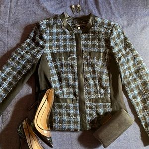 Blue Black Tweed Jacket with Leather Detail